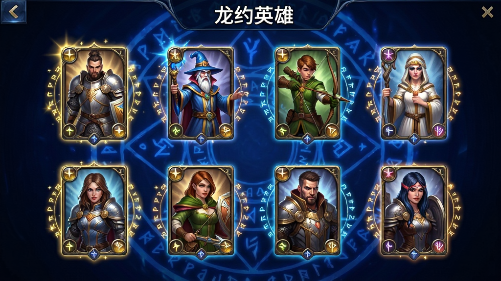 画面展示龙约英雄收集界面,中央排列着六位不同职业的英雄卡牌,包括骑士、法师、射手、牧师等,卡牌周围环绕着星光与符文,背景是深蓝色的魔法阵,布局整齐对称,风格为奇幻游戏UI界面,细节精致,画质清晰,画面干净,无多余元素,卡牌上方用白色字体写着“龙约英雄”