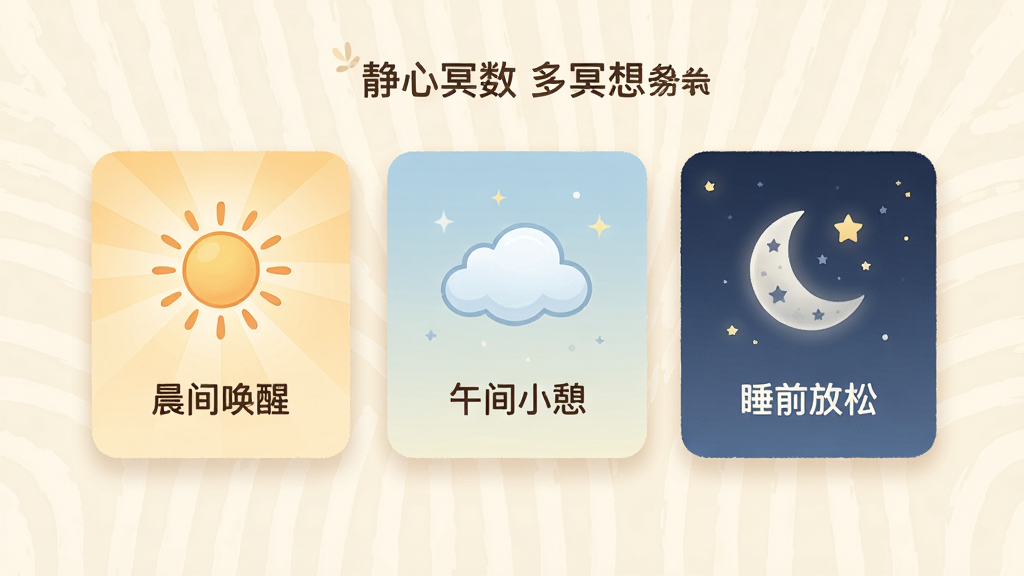 一张展示静心冥数多种冥想场景选择界面的图片,画面中并排排列着三个卡片式选项,分别标注“晨间唤醒”、“午间小憩”、“睡前放松”,卡片上有对应的太阳、云朵、月亮图标,背景是温暖的米白色,整体布局整洁,风格温馨治愈,画质清晰。