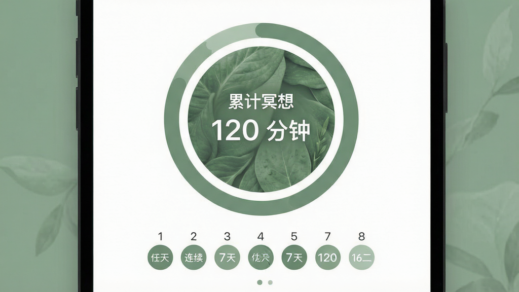 一张静心冥数数据统计页面的示意图,画面中显示着一个圆环形的进度图表,中心写着“累计冥想 120 分钟”,下方是连续打卡 7 天的日历标记,配色采用宁静的莫兰迪绿色系,图表清晰,风格商务简约,画质细腻。