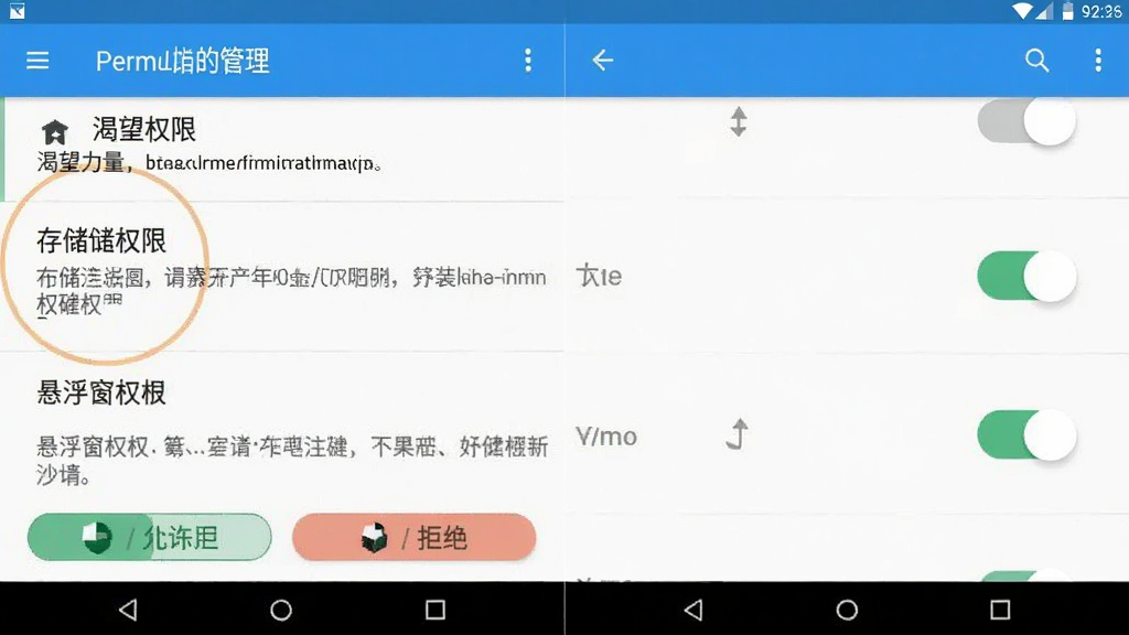渴望力量(MOD菜单)手机端安装权限设置界面示意,主体为安卓系统权限管理页面截图风格,布局为纵向列表排列,排版上突出显示存储权限与悬浮窗权限的开关按钮,风格为扁平化系统UI,细节包含权限说明文字与允许/拒绝按钮,画质清晰,界面干净无多余通知栏图标