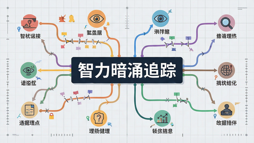 一张信息图风格的画面,中心是“智力暗涌追踪”标题文字,四周分布多条彩色线索线连接不同节点,节点上有小图标代表线索、证据与结论,背景为浅灰色网格,排版整齐,风格为现代扁平信息图,细节清晰,画质干净,无多余元素