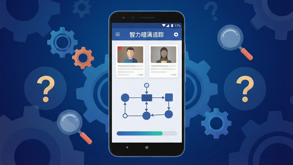 画面中央放置一部安卓手机,手机屏幕显示“智力暗涌追踪”软件主界面,界面中有线索卡片、逻辑连线与进度条,背景为深蓝色渐变,周围环绕抽象的齿轮、放大镜与问号图标,整体布局对称稳定,风格为扁平科技插画,细节干净利落,画质清晰,无多余元素