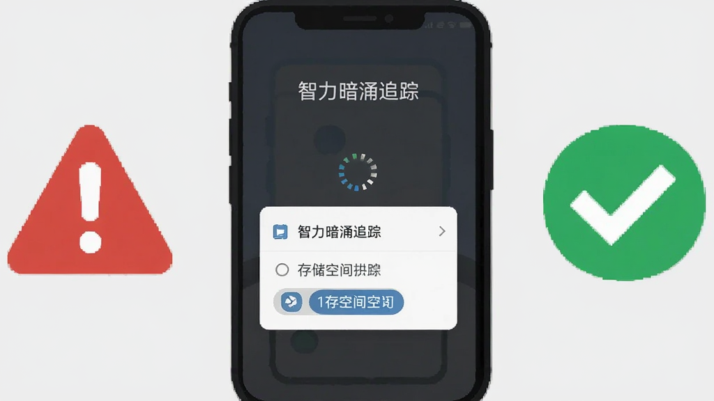 画面展示一部手机屏幕出现“智力暗涌追踪”加载界面,旁边有红色警示图标与绿色对勾图标,背景为浅灰色,布局简洁,风格为扁平提示插画,细节包括权限弹窗与存储空间提示,画质清晰,无多余元素