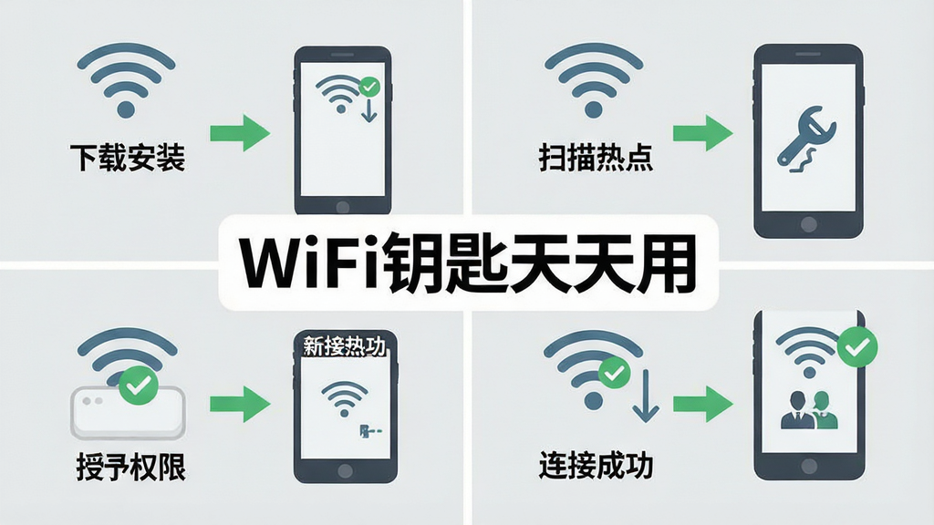 一张以WiFi钥匙天天用新手教程为主题的扁平化插画,画面采用四格布局,分别展示