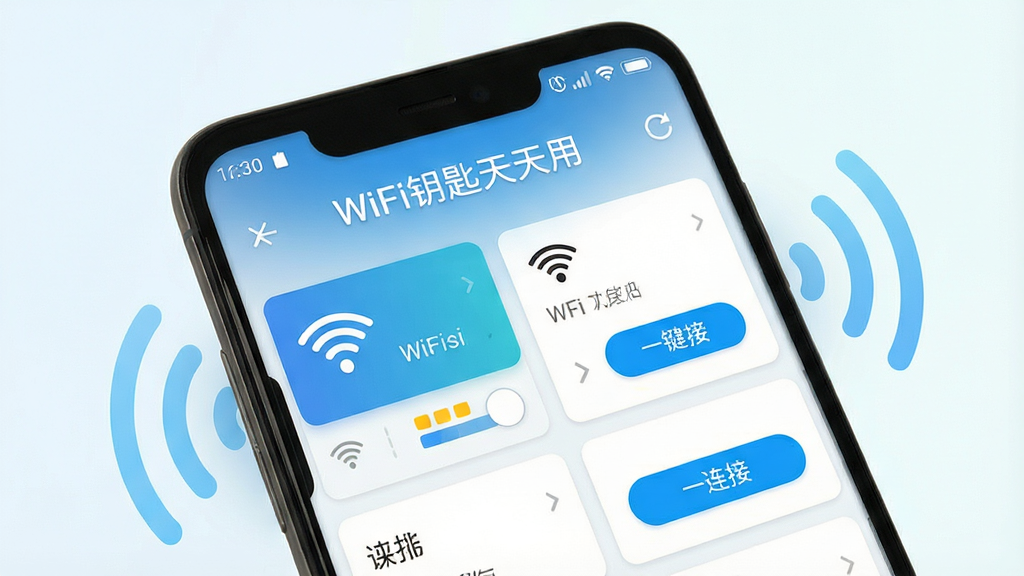 一张展示安卓手机屏幕的写实风格图片,画面中央是WiFi钥匙天天用应用的主界面,顶部有醒目的软件名称文字