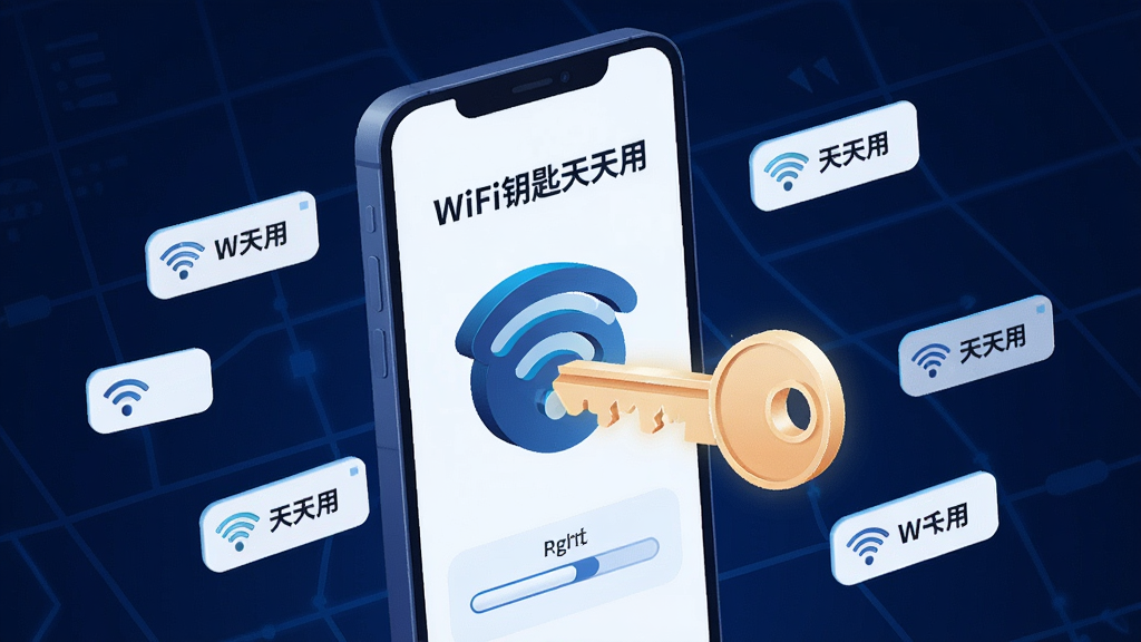一张以WiFi钥匙天天用为主题的插画风格图片,画面主体是一部智能手机,屏幕中显示