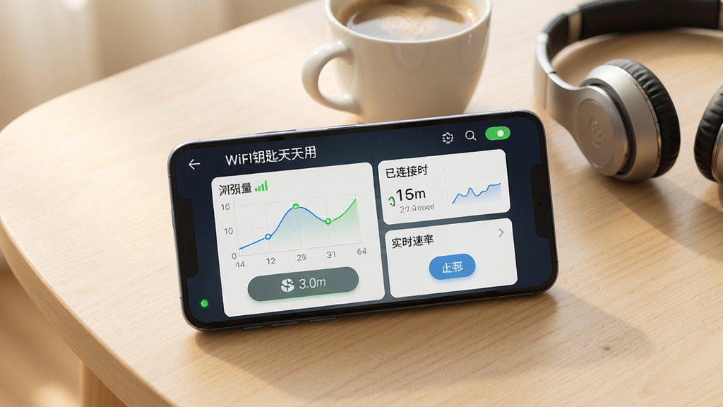 一张展示WiFi钥匙天天用连接管理功能的写实渲染图,画面中一部安卓手机横置于桌面,屏幕上呈现