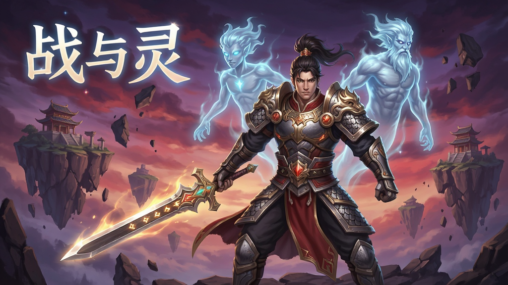 一张奇幻风格的游戏宣传图,画面中央是身披铠甲手持发光长剑的战士,身后漂浮着半透明的灵体伙伴,背景是破碎的浮空岛屿和紫红色晚霞,画面左上角有发光的文字“战与灵”,整体风格为东方玄幻与西方魔幻结合,细节丰富,画质高清,干净无多余元素