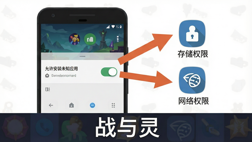 一张手机游戏安装教程示意图,画面展示安卓手机屏幕,屏幕上显示“允许安装未知应用”的开关界面,旁边有箭头指向“存储权限”和“网络权限”图标,画面底部有“战与灵”文字,风格为扁平化教程插图,画质清晰,干净无多余元素