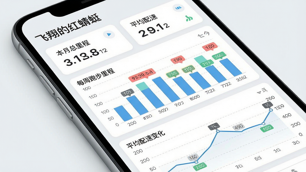 一张“飞翔的红蜻蜓”数据统计页面的展示图,主体为手机屏幕上的柱状图与折线图组合界面,柱状图显示每周跑步里程,折线图显示平均配速变化;屏幕上方有“本月总里程”和“平均配速”两个数据卡片;布局采用上下分布的图表结构,手机略微倾斜展示;风格为简约商务的浅色主题,细节上突出图表网格线与数据高亮标签,画质高清,画面干净,无多余元素