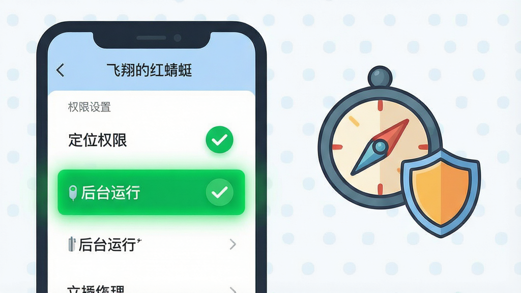 一幅“飞翔的红蜻蜓”新手设置引导页的视觉图,主体为手机屏幕特写,屏幕上显示着权限设置列表,其中“定位权限”和“后台运行”两项被高亮标注为绿色对勾状态;手机旁边有一个卡通风格的指南针与盾牌图标;布局采用手机居左、图标居右的横向构图;风格为扁平化教育插画风,细节上强调高亮项的发光效果与图标线条,画质清晰,画面干净,无多余元素