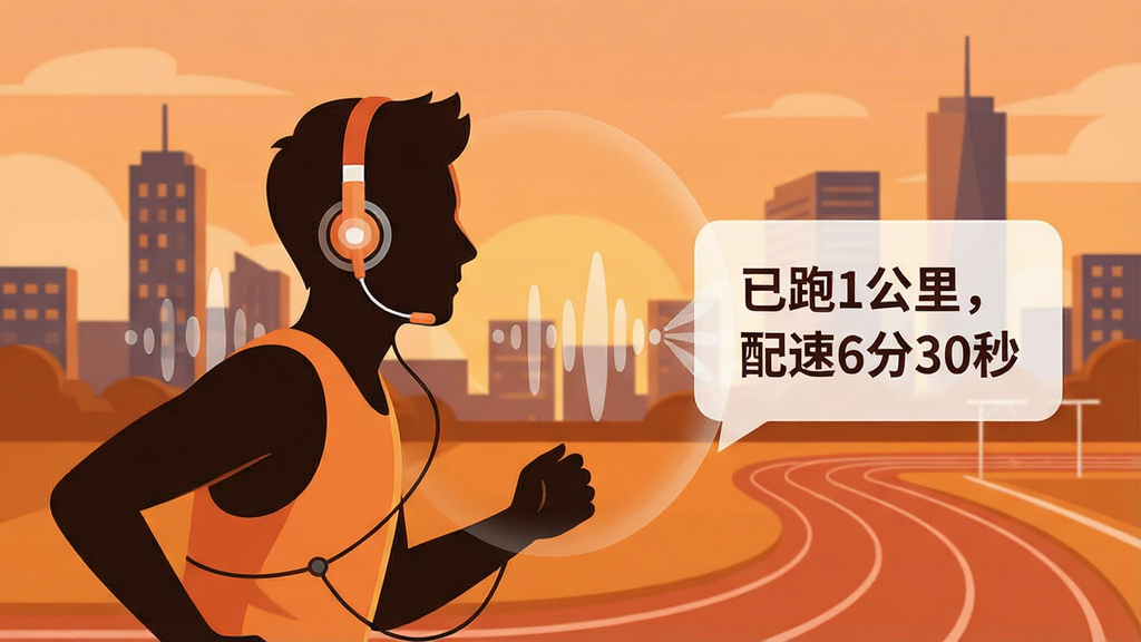 一幅表现“飞翔的红蜻蜓”语音播报功能的插画,画面中心是一个戴着无线耳机的跑者侧影,跑者前方漂浮着半透明的语音波形图标和“已跑1公里,配速6分30秒”的文字气泡;背景是傍晚的城市天际线与跑道;布局采用人物居左、文字气泡居右的平衡构图;风格为温暖橙色调的扁平插画,细节上强调耳机与波形图标的连接感,画质清晰,画面干净,无多余元素