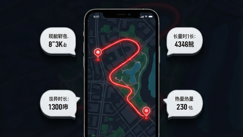 一张展示“飞翔的红蜻蜓”实时轨迹记录功能的视觉图,主体为手机屏幕上的地图轨迹界面,一条醒目的红色路线蜿蜒穿过城市街道与公园小径,路线起点与终点有圆形标记;屏幕旁悬浮着配速、时长和热量三个数据气泡;布局采用手机居中、数据气泡环绕的放射状构图;风格为现代科技感十足的深色地图底图搭配高亮轨迹线,细节上突出路线转折点与数据气泡的投影,画质高清,画面干净,无多余元素