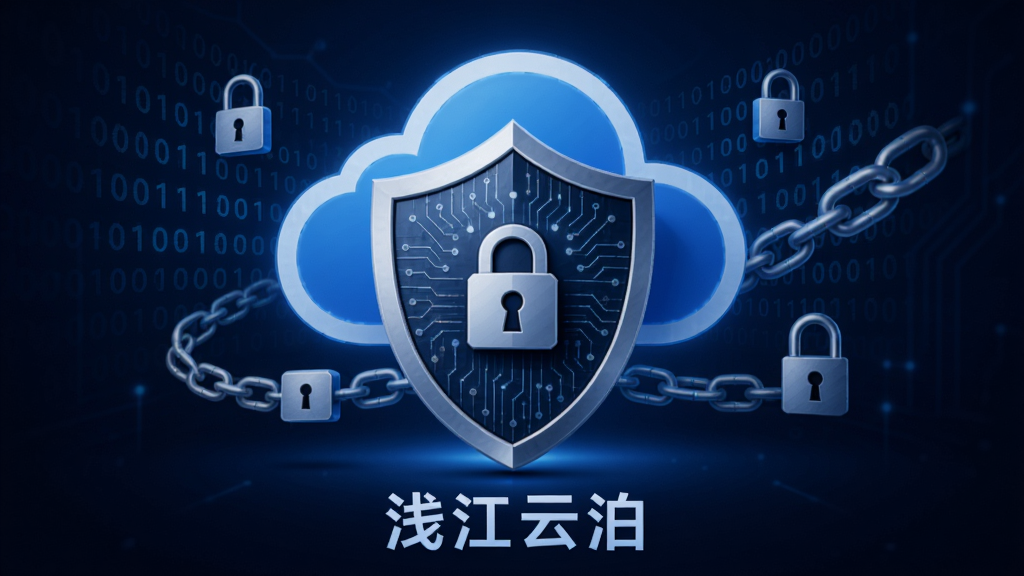 浅江云泊安全加密功能概念图,画面中央为一个带有锁形标志的盾牌,盾牌表面有电路纹理,盾牌后方是浅江云泊的云存储图标,周围环绕二进制代码与加密锁链元素,背景为深蓝色科技感渐变,风格稳重专业,画面底部标注“浅江云泊”,画质精细干净