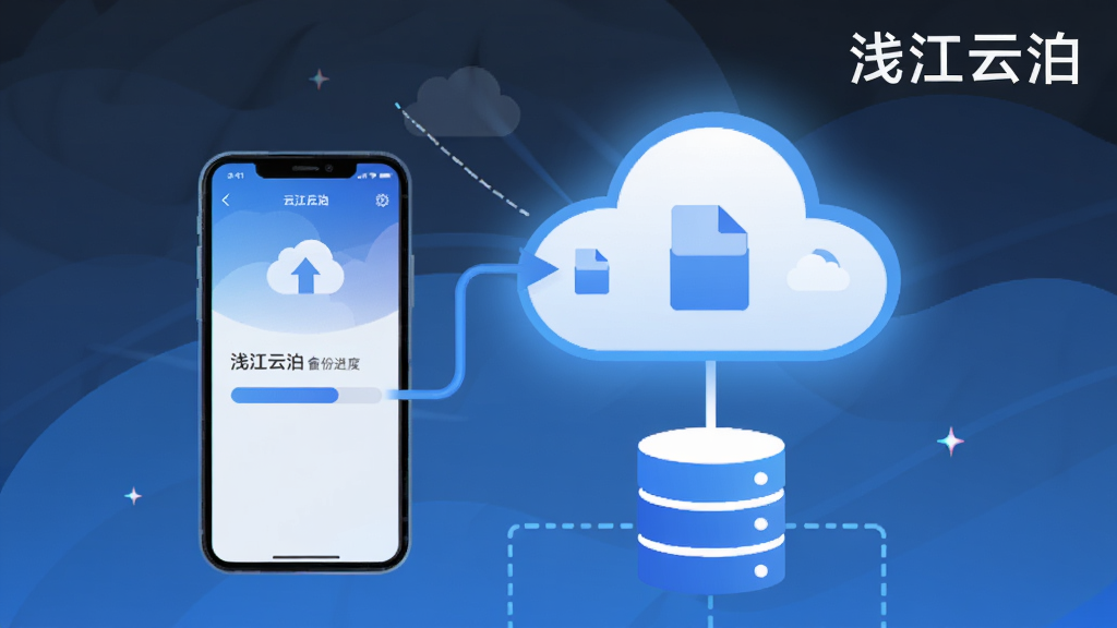 浅江云泊云端备份功能示意图,画面展示一部智能手机向一朵发光的云朵图标传输文件的场景,云朵下方有数据库图标,手机屏幕显示浅江云泊备份进度条,整体风格为扁平化插画,配色以蓝色和白色为主,画面右上角标注“浅江云泊”,画质高清无杂乱元素