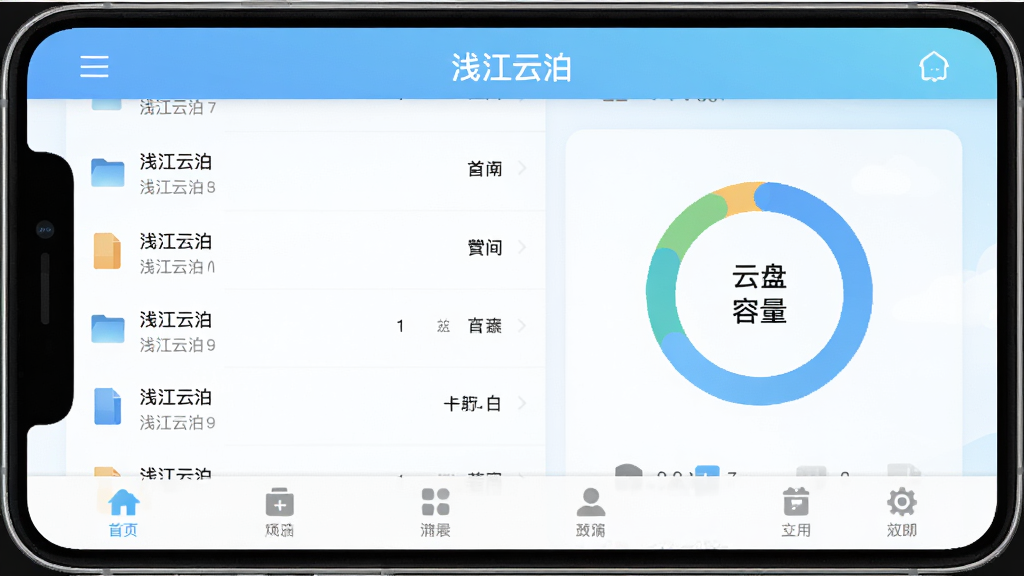 浅江云泊手机应用主界面截图,画面中央显示浅江云泊APP的首页布局,顶部为浅蓝色渐变导航栏,中间展示文件列表与云盘容量环形图,底部为功能切换标签栏,整体采用扁平化设计风格,背景为纯白与浅蓝渐变,界面干净整洁,文字清晰标注“浅江云泊”,画质高清,无多余元素