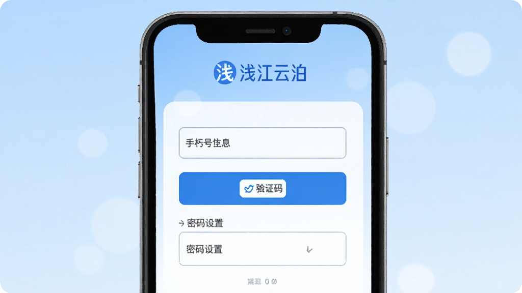 浅江云泊账号注册与安全登录界面示意图,画面展示手机屏幕中浅江云泊的注册页面,包含手机号输入框、验证码按钮与密码设置区域,页面顶部有浅江云泊Logo,背景为浅蓝色渐变,风格简洁商务,画面清晰无多余装饰