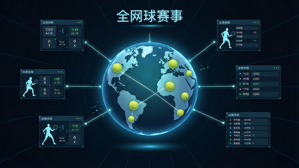 一幅表现网球赛事实时数据追踪的科技风格插画,画面以深色背景为主,中央是一个发光的地球模型,地球表面分布着多个网球图标代表不同赛事站点,从地球向外延伸出数条光线连接着悬浮的比分板、球员剪影和赛程列表,整体布局呈放射状,风格偏向未来科技感,细节丰富,画质清晰,干净利落,图片中带文字“全网球赛事”
