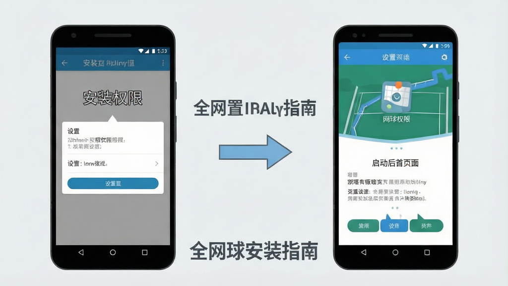 一张手机应用安装与设置引导示意图,画面左侧是一部安卓手机展示安装权限设置界面,右侧是应用启动后的首页面,中间用箭头连接表示操作流程,背景简洁浅灰色,风格清新扁平,细节清晰,画质干净,无多余装饰元素,图片中带文字“全网球安装指南”