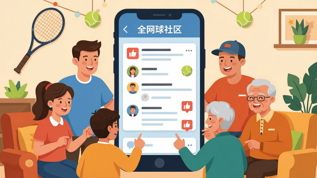 一张表现网球球迷社区互动的场景插画,画面中几位不同年龄的网球爱好者围坐在一张放大的手机屏幕前,屏幕上显示着论坛帖子和点赞图标,人物表情生动愉快,背景是带有网球拍和网球装饰的客厅环境,整体色调温暖明快,排版围绕手机屏幕展开,风格偏向扁平化插画,细节到位,画质细腻,干净无多余元素,图片中带文字“全网球社区”