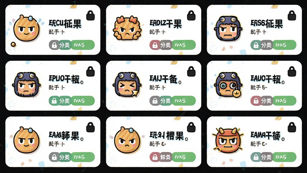 玩梗流光疾速战梗库界面展示,主体是网格排列的梗图标卡片,布局采用三列瀑布流,排版整齐,风格为扁平化卡通,细节包括每个卡片上的梗文字标签、解锁状态锁头图标、分类标签栏,画质高清,干净,无多余元素