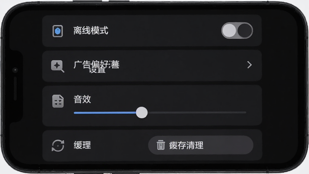 玩梗流光疾速战离线模式设置界面,主体是手机屏幕显示设置选项列表,布局为纵向排列,排版左侧图标右侧文字,风格为简约深色主题,细节包括离线模式开关、广告偏好设置、音效调节滑块、缓存清理按钮,画质高清,干净,无多余元素