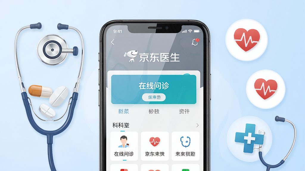 画面中央一部智能手机展示京东医生APP首页界面,界面内可见在线问诊入口与科室导航栏,手机两侧环绕听诊器、药片、心率图标与医疗十字符号,整体布局居中对称,排版简洁明了,风格为现代扁平化医疗科技风,细节上手机屏幕带有轻微反光,背景为浅蓝渐变,画质高清,干净,无多余元素