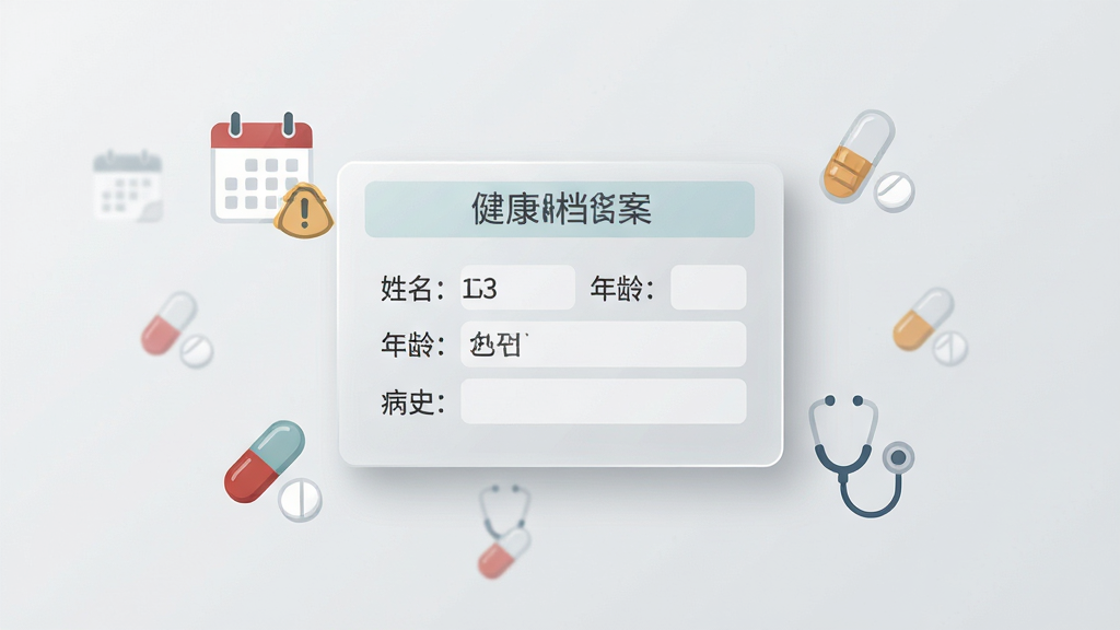 画面中央一个半透明健康档案卡片悬浮,卡片内可见姓名、年龄、病史等字段,卡片周围有日历提醒、药丸、听诊器图标环绕,布局居中,排版整齐,风格为极简信息图表风,细节上卡片边缘有轻微阴影,背景为浅灰色,画质高清,干净,无多余元素