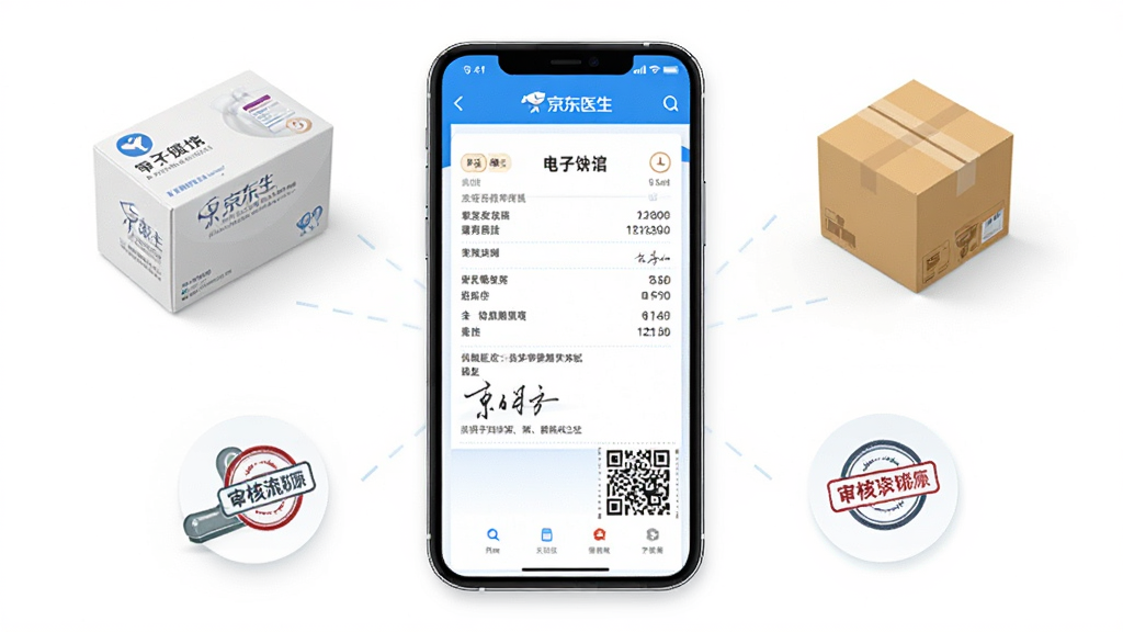 画面展示京东医生APP处方流转界面,手机屏幕中央显示电子处方单,周围环绕药盒、快递箱、审核印章图标,布局以手机为视觉中心,排版呈放射状,风格为清爽商务风,细节上处方单有医生签名与二维码,背景为纯白,画质高清,干净,无多余元素