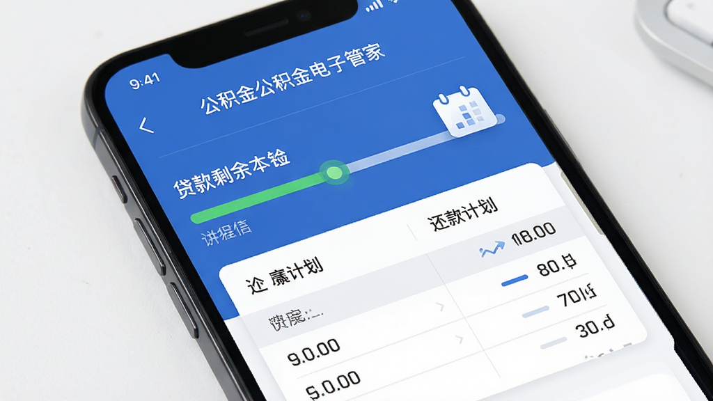 手机公积金电子管家贷款进度查询页面,主体为手机屏幕显示贷款剩余本金和还款计划表,布局为上下结构,风格为简约金融风,细节包括进度条和日历图标,画质高清,画面干净,无多余元素