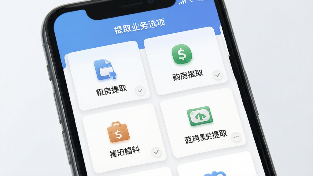 手机公积金电子管家业务办理界面示意图,主体为手机屏幕显示提取业务选项卡片,布局为网格状排列,风格为轻拟物写实风,细节包括租房提取、购房提取等图标和文字标签,画质清晰,画面干净,无多余元素
