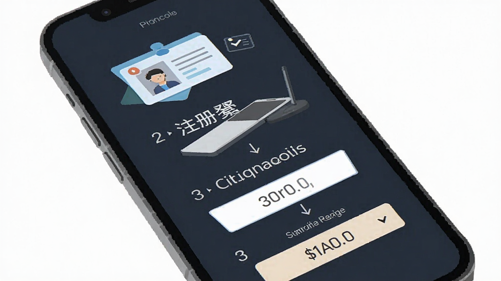 手机公积金电子管家新手操作引导图,主体为手机屏幕显示注册登录流程步骤,布局为四步纵向排列,风格为扁平插画风,细节包括身份证图标和手机验证码输入框,画质清晰,画面干净,无多余元素