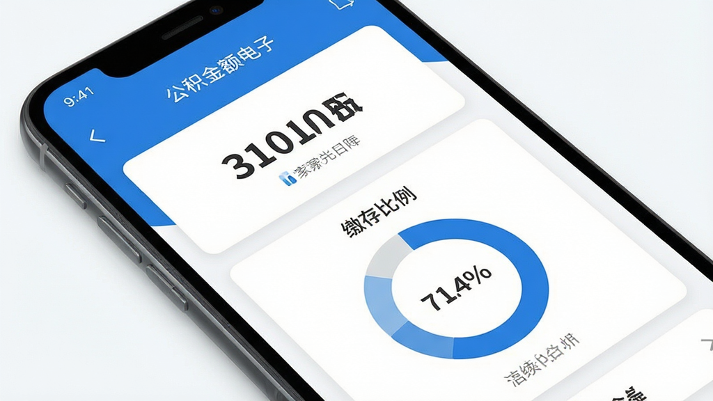 手机公积金电子管家账户信息页面展示图,主体为手机屏幕特写,屏幕内显示清晰的余额数字和缴存比例环形图,布局为手机斜放展示,风格为简洁扁平化UI设计风,细节包括蓝色主色调和白色卡片背景,画质清晰,画面干净,无多余元素