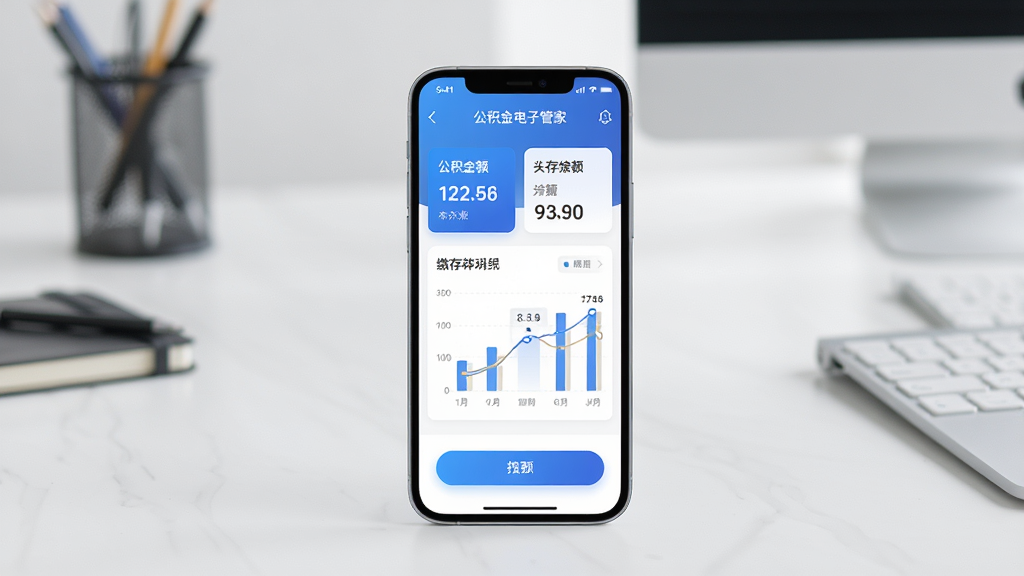 一张展现手机公积金电子管家应用界面的场景图,主体是一部智能手机,屏幕显示公积金账户余额和缴存明细图表,布局为手机居中放置,背景是简约的办公桌面,风格为现代科技感写实风,细节包括清晰的数字卡片和蓝色渐变按钮,画质高清,画面干净,无多余元素