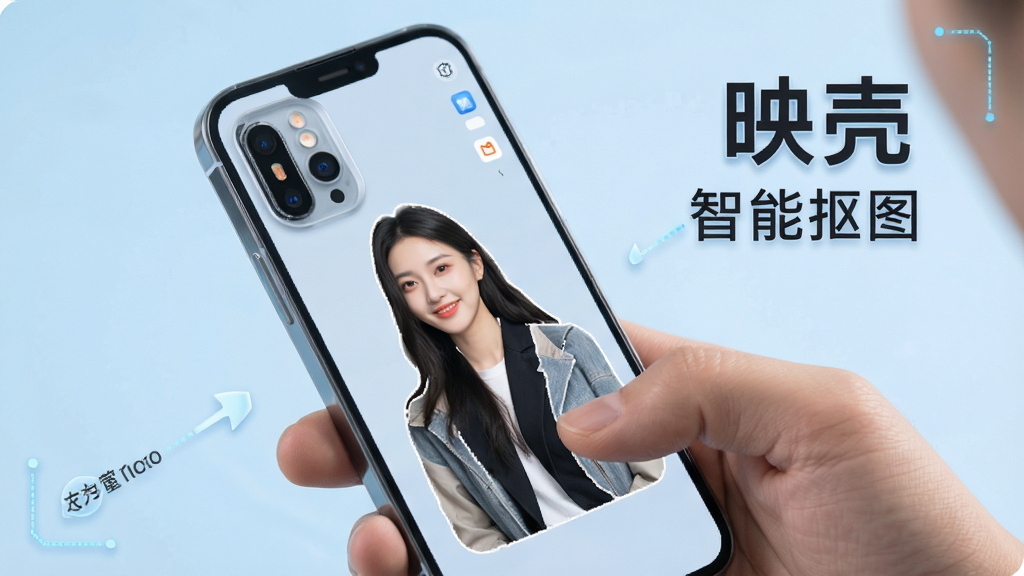 映壳软件智能抠图功能演示,画面中一只手正在操作手机,手机屏幕上显示一张人物照片已被抠出并放置在手机壳背景上,背景为柔和的浅蓝色,布局突出抠图前后的对比效果,风格科技感十足,细节上展示抠图边缘平滑自然,画质清晰,文字内容为“映壳”和“智能抠图”,干净无多余元素