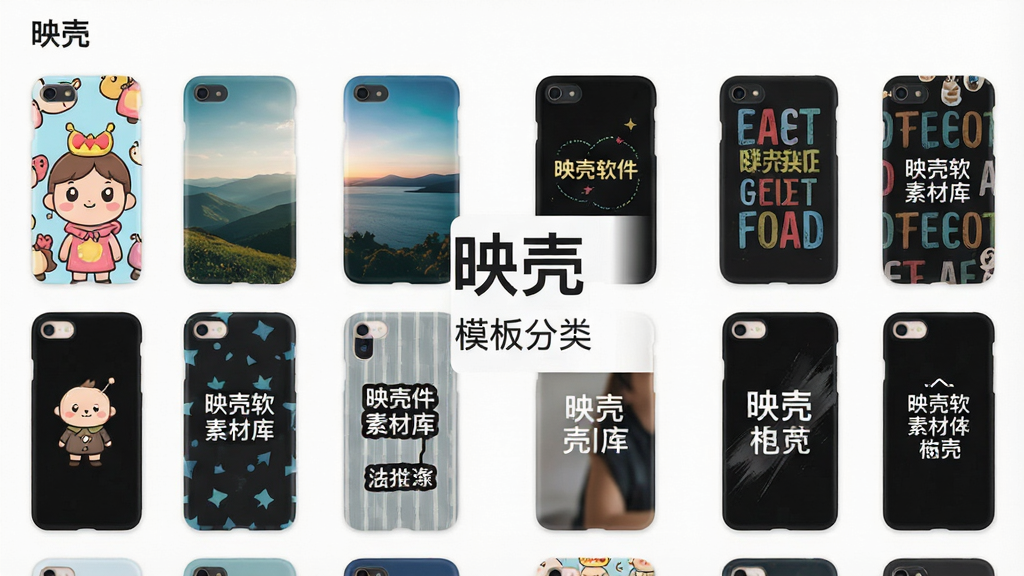 映壳软件素材库界面,画面中展示多排整齐排列的手机壳图案缩略图,包含卡通、风景、文字等不同风格,界面背景为白色,布局采用网格状排列,风格现代简约,细节上每个缩略图都清晰展示图案细节,画质高清,文字内容为“映壳”和“模板分类”,干净整洁无杂乱元素