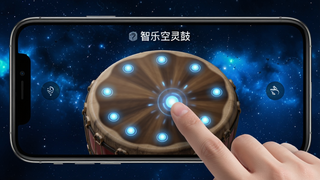 手机屏幕显示智乐空灵鼓的曲谱跟弹界面,动态光点在圆形鼓面上依次亮起,用户手指正在点击屏幕,背景是深蓝色星空渐变,风格科技感与治愈感结合,细节清晰,画质高清,干净无多余元素,图片中文字标注“智乐空灵鼓”