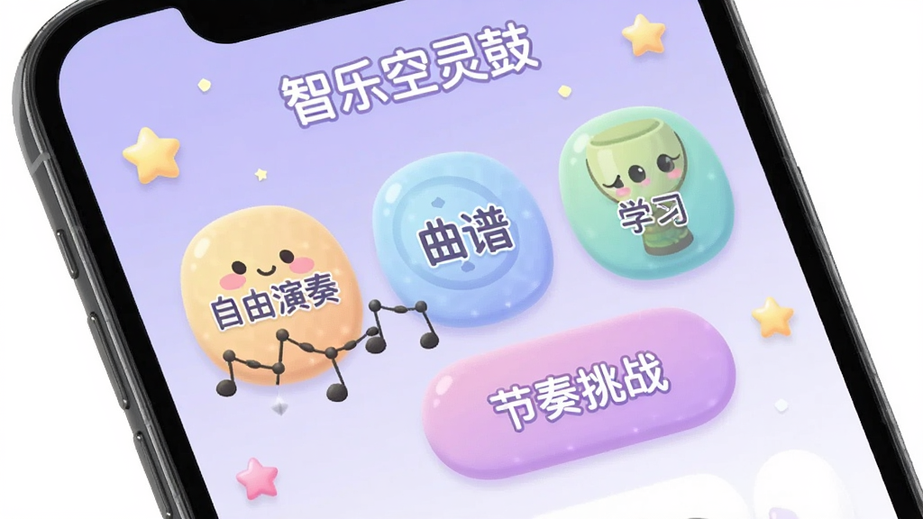 手机屏幕展示智乐空灵鼓的多种演奏模式选择界面,界面中有自由演奏、曲谱学习、节奏挑战三个大按钮,按钮设计圆润可爱,背景是淡紫色渐变,周围有小星星点缀,风格清新活泼,画质高清,干净无多余元素,图片中文字标注“智乐空灵鼓”