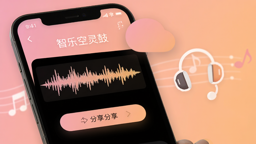 手机屏幕显示智乐空灵鼓的录音分享界面,界面中有波形图和分享按钮,背景是柔和的粉橙色渐变,旁边有耳机和音符图标装饰,风格温馨现代,画质高清,干净无多余元素,图片中文字标注“智乐空灵鼓”
