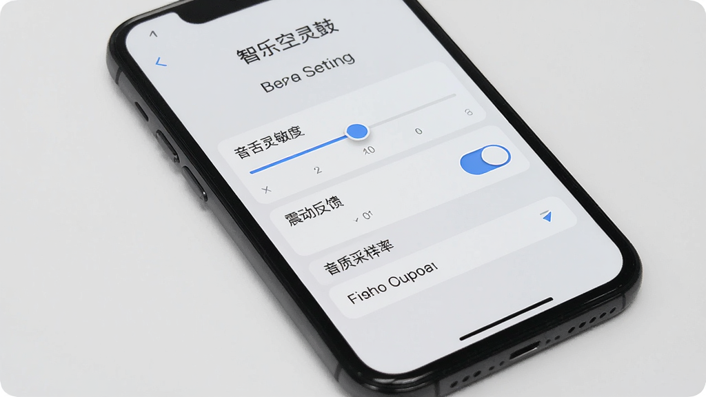 一部手机显示智乐空灵鼓的设置界面,界面中有音舌灵敏度滑块、震动反馈开关、音质采样率选项,背景是简洁的浅灰色,风格极简实用,画质高清,干净无多余元素,图片中文字标注“智乐空灵鼓”