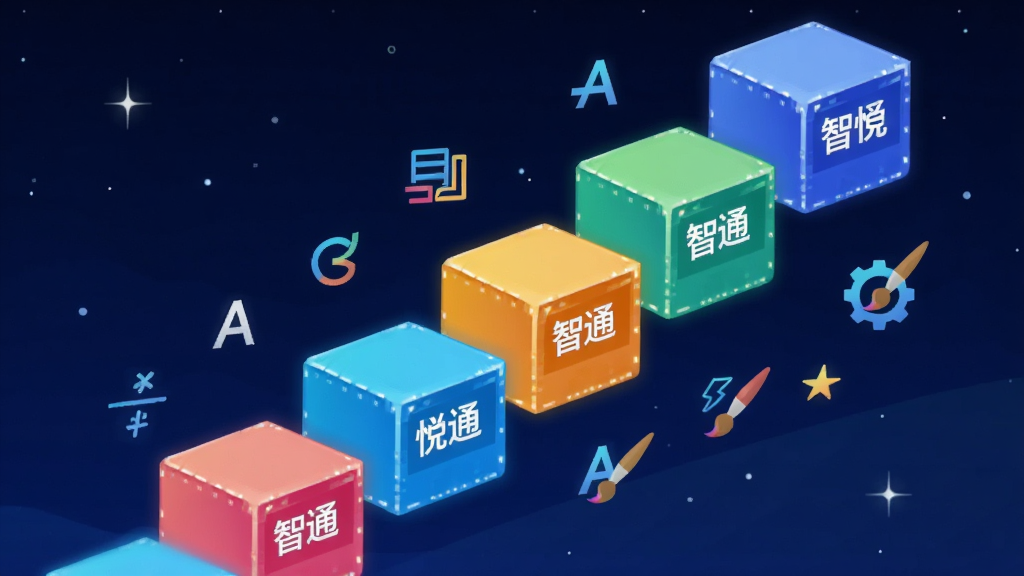画面主体为一条蜿蜒向上的阶梯式路径,路径由多个彩色方块组成,每个方块上标注“智悦通”字样,路径从画面左下角延伸至右上角,路径两侧分布着代表不同知识领域的图标如数学符号、字母、齿轮与画笔,布局采用对角线构图,风格为科技感扁平插画,细节上路径方块有渐变色彩与轻微发光效果,背景为深蓝色星空,画质清晰,干净,无多余元素