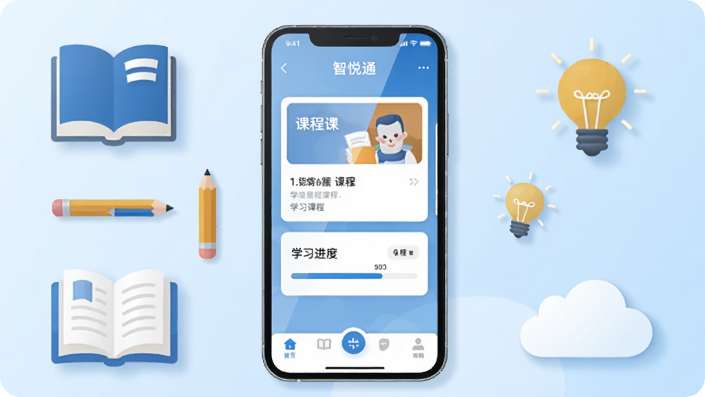 画面中央放置一部智能手机,手机屏幕上显示“智悦通”应用主界面,界面包含课程卡片、学习进度条与底部导航栏,手机周围环绕着书籍、铅笔、灯泡与云朵等学习元素图标,布局采用居中对称式构图,背景为浅蓝色渐变,风格为扁平化插画,细节上手机屏幕有轻微反光效果,学习元素带有柔和阴影,画质清晰,干净,无多余元素