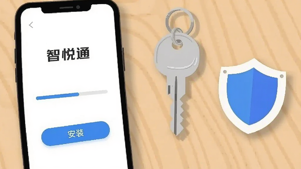 画面展示一部手机平放在桌面上,手机屏幕显示“智悦通”应用安装界面,界面中有进度条与“安装”按钮,手机旁边放置一把钥匙与一个盾牌图标,布局采用俯视平铺构图,风格为简约扁平插画,细节上钥匙与盾牌带有柔和阴影,背景为浅木色桌面纹理,画质清晰,干净,无多余元素