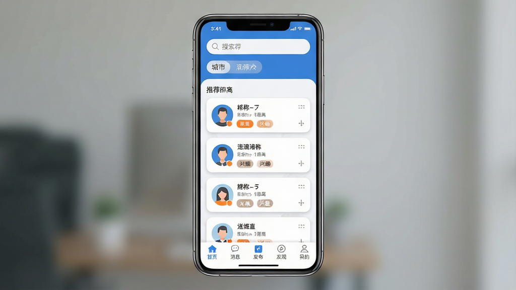 一张手机应用界面展示图,画面中央是一部竖屏智能手机,屏幕内显示约傍APP的首页界面,界面顶部有搜索栏和城市定位标签,中部为推荐用户卡片列表,每张卡片包含头像、昵称、距离和兴趣标签,底部为导航栏包含首页、消息、发布、发现、我的五个图标,整体布局清晰整洁,风格为现代扁平化UI设计,配色以蓝白为主辅以橙色点缀,细节包括卡片圆角、阴影层次和图标线条,画质高清,干净,无多余元素