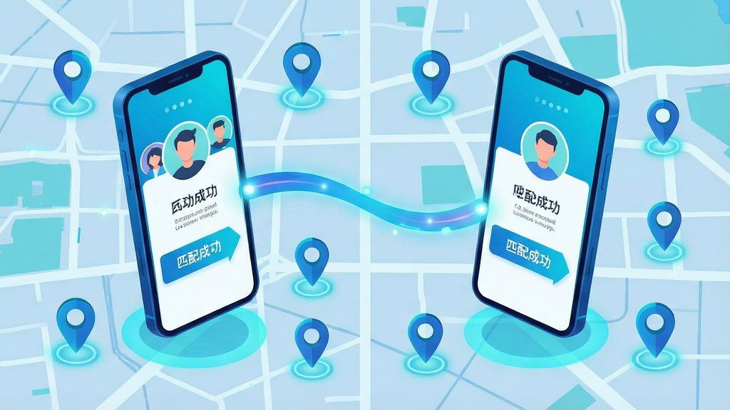 一张AI生图,画面主体为两个手机屏幕悬浮在城市地图上方,屏幕之间用发光线条连接,地图上有多个定位标记点,屏幕内展示用户头像卡片和匹配成功的提示界面,布局为左右对称式构图,风格为科技感扁平插画,配色以蓝色和青色为主,细节包括地图网格线、定位光晕、连接线条的渐变效果,画质高清,干净,无多余元素