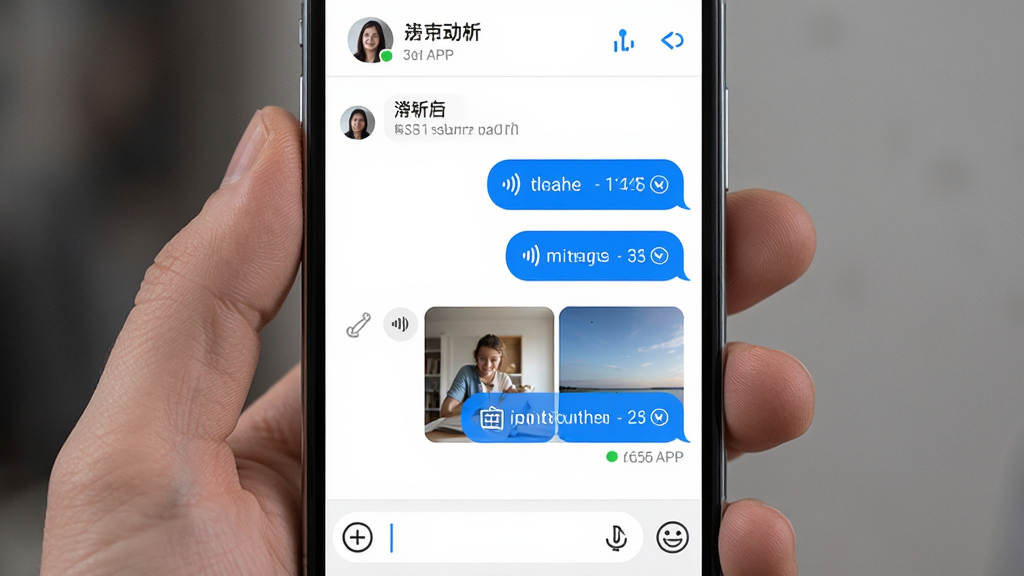一张AI生图,画面主体为手机聊天界面特写,屏幕内展示约傍APP的对话窗口,包含文字气泡、语音消息条和图片缩略图,界面顶部显示对方头像和昵称,底部为输入框和表情按钮,布局为居中手机展示,风格为写实UI风格,配色以白色背景和蓝色气泡为主,细节包括消息时间戳、已读标记、输入状态提示,画质高清,干净,无多余元素