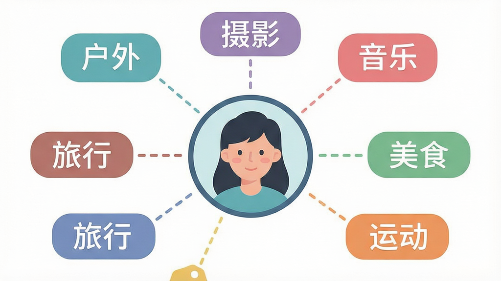 一张AI生图,画面主体为多个彩色兴趣标签环绕一个用户头像,标签内容包括“户外”“摄影”“音乐”“旅行”“美食”“运动”等,布局为圆形放射状构图,风格为清新扁平插画,配色以柔和多彩色调为主,细节包括标签的圆角矩形外观、头像的圆形边框、连接线条的虚线效果,画质高清,干净,无多余元素