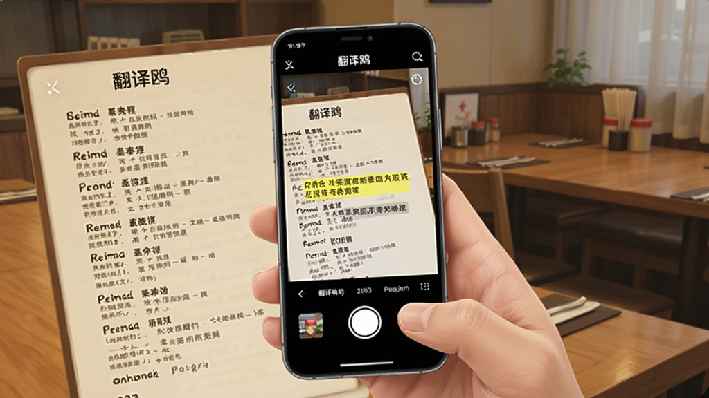 主体为翻译鸥拍照翻译功能场景,布局为一只手拿手机对准外文菜单拍摄,手机屏幕上显示原文与译文对照,排版为竖版场景构图,风格为写实插画风,细节包括餐厅环境、外文菜单、手机界面