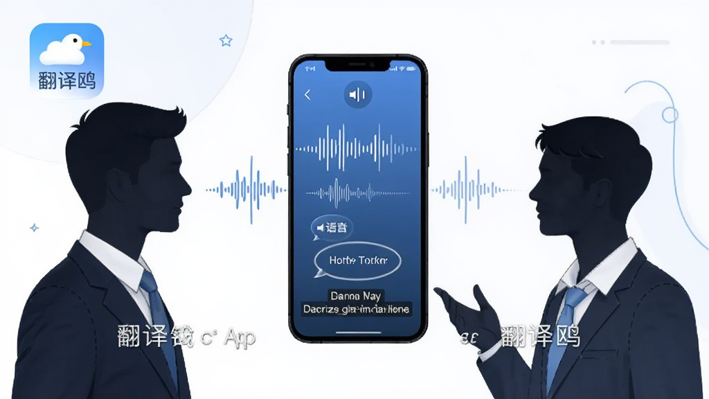 主体为翻译鸥语音对话翻译场景,布局为两人面对面交流中间悬浮手机屏幕显示语音波形与翻译文字,排版为左右对称构图,风格为简洁商务插画风,细节包括人物剪影、语音波纹、双语字幕、
