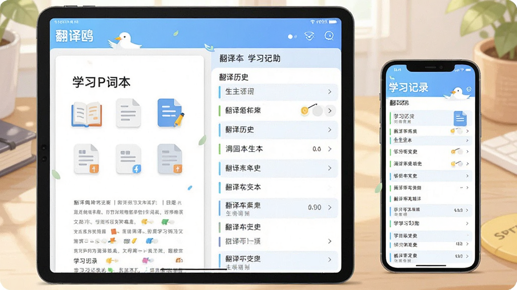 主体为翻译鸥文档翻译与学习辅助功能界面,布局为平板与手机双屏展示文档翻译和学习记录,排版为左右分栏构图,风格为清新学习风插画,细节包括文档图标、生词本、翻译历史列表、